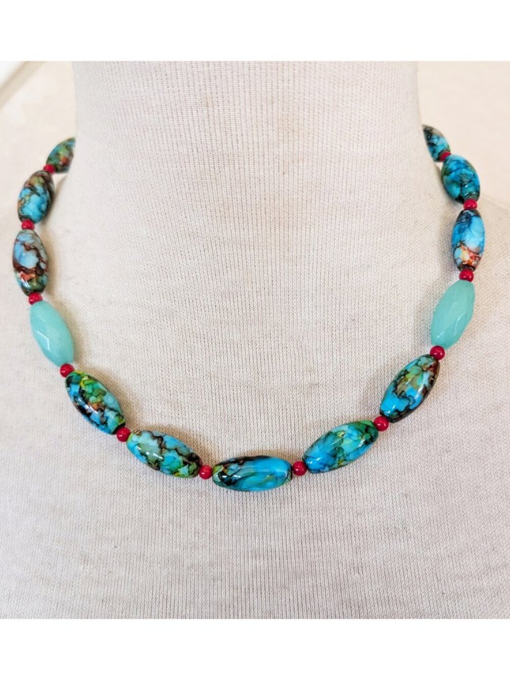 Sky Blue, Red and Green Watercolor Agate & Glass Strand Statement Necklace